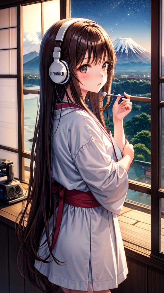 Lo-Fi Research, girl, write, ~ ~ Side, japanese girl, Brown Hair, Medium Long Hair, Headphones, Summer clothes, window, mount fuji background, summer night