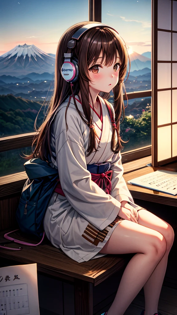 Lo-Fi Research, girl, write, ~ ~ Side, japanese girl, Brown Hair, Medium Long Hair, Headphones, Summer clothes, window, mount fuji background, summer night