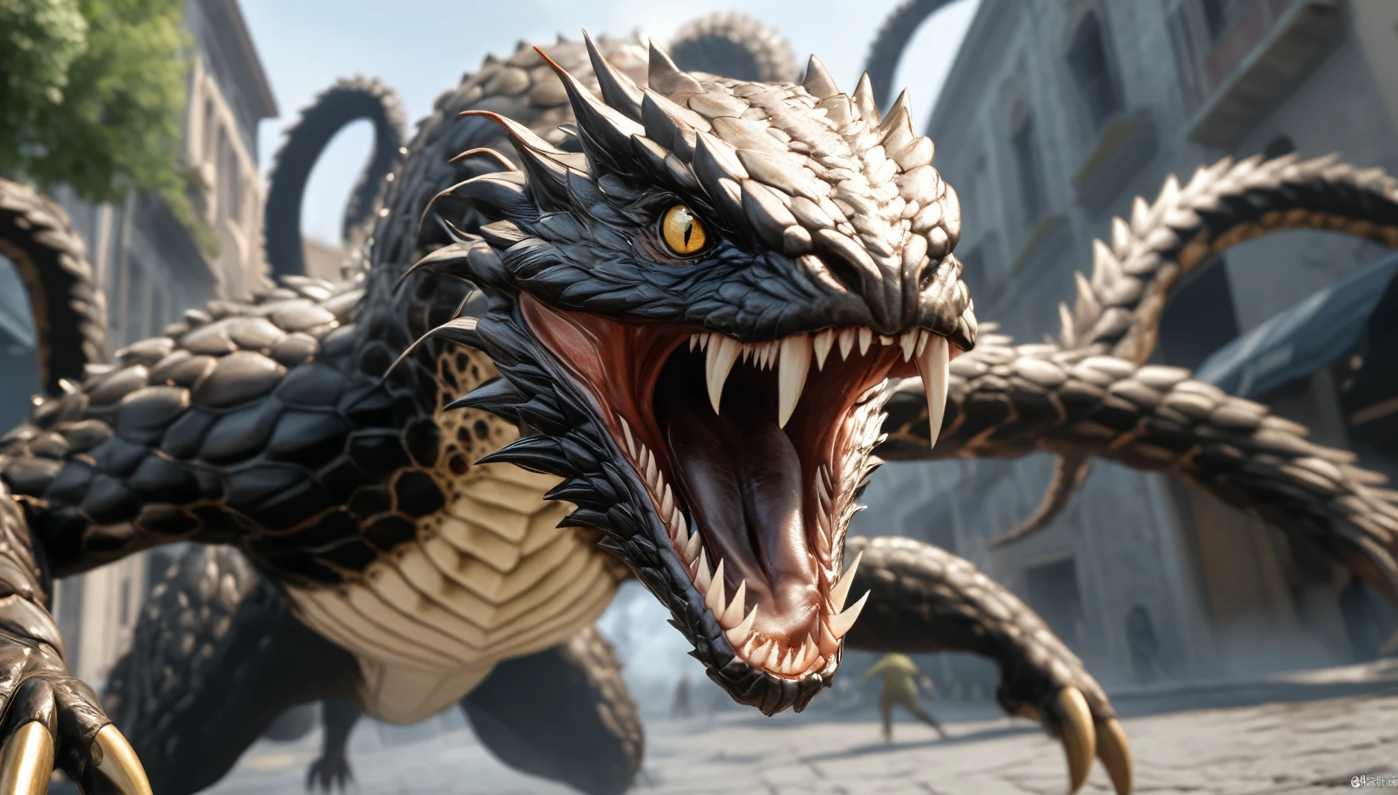 Realistic photos, RAW Photos, hydra, attacks viewer, Powerful movements, jump on prey, ((Dynamic jump)), Sharp Claws, hydra approaching from above, sudden approach, Bad-tempered, dynamic Shot from grand,High resolution, masterpiece, Highest quality, Intricate details, Very detailed, Clear focus,texture, Delicate eyes, Professional, 4K,Shallow and deep, Kodak Vision Color, Exactly, Very detailed, photograph_\(Extremist\), photographpractical, practical, Post-processing, Maximum details, Roughness, Real Life, Extremist practical, Photorealism, photographgraphy, 8K Ultra HD, photographgraphy