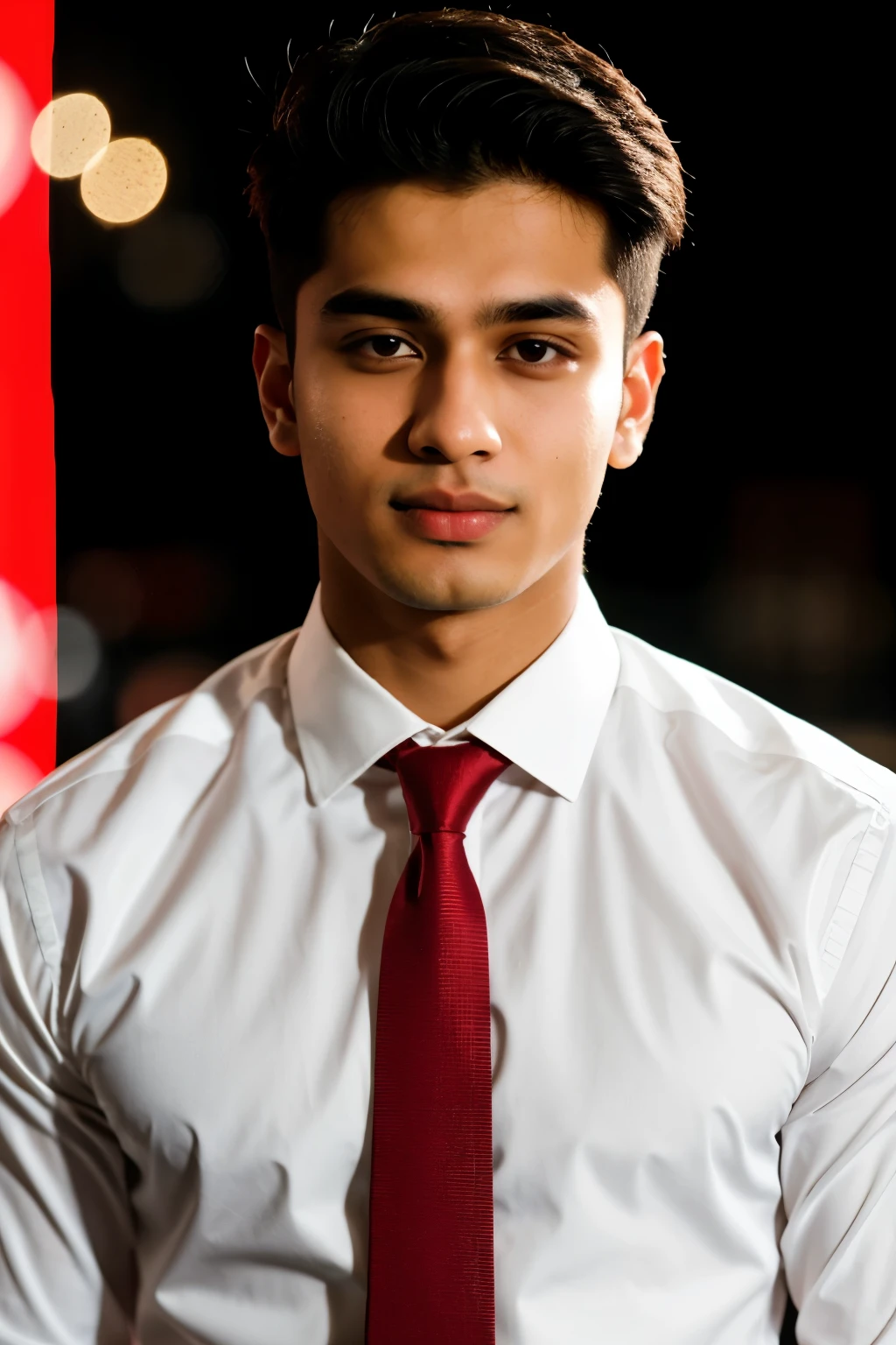a 21 year old south asian boy with fair white color and professional formal look facing the screen having posing for linked in professional profile and cool professional red lights in the background and a bokeh like blurry effect upclose and hyperrealistic a little close to the screen