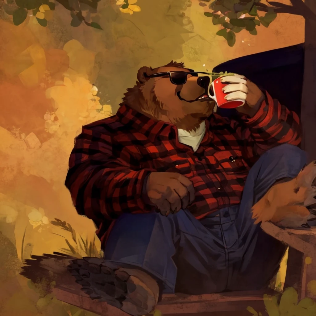 a grizzly bear, he has green hair, dressed with a lumberjack shirt, black sunglasses and blue trousers, drinking from a cup, high quality furry art, chibi style.