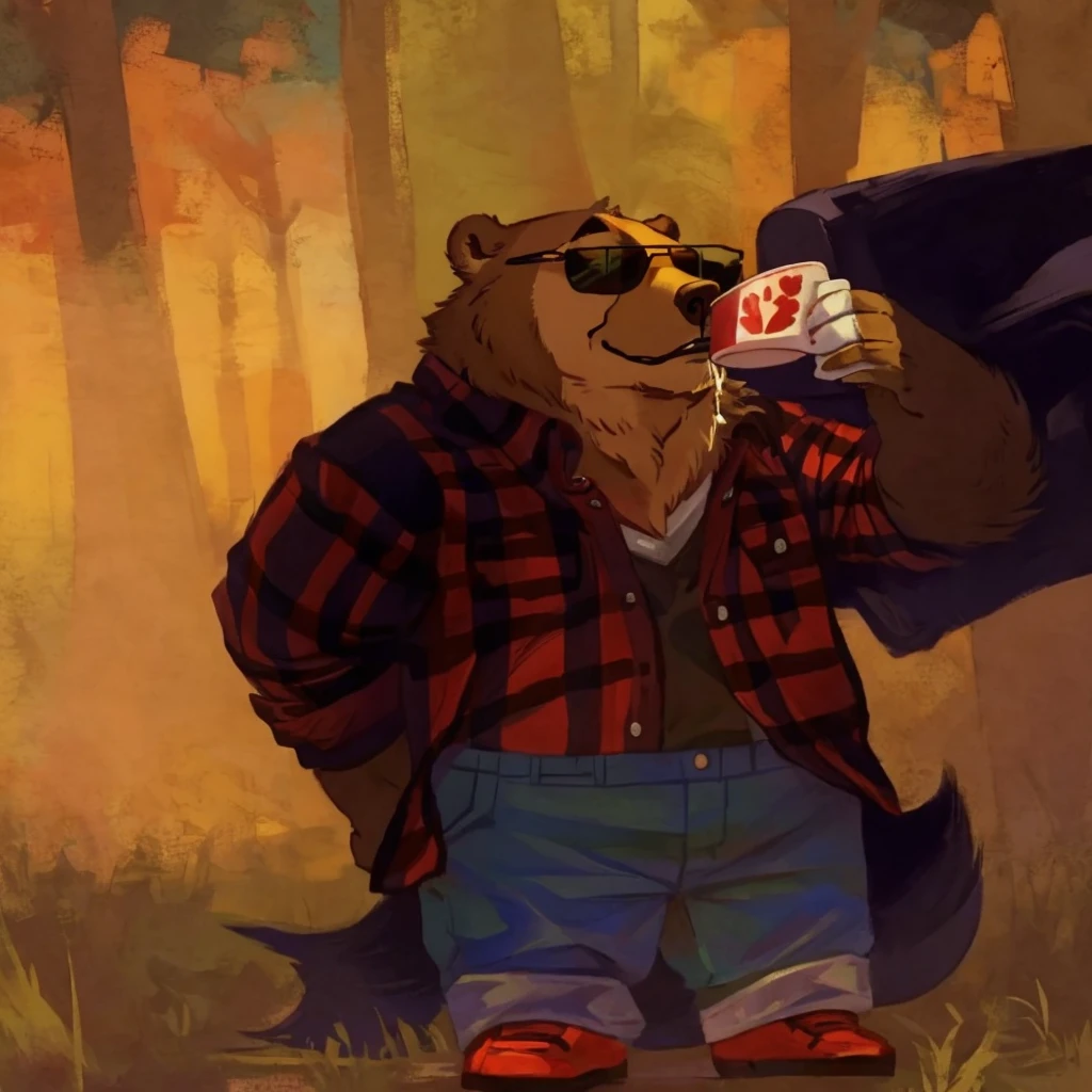 a grizzly bear, he has green hair, dressed with a lumberjack shirt, black sunglasses and blue trousers, drinking from a cup, high quality furry art, chibi style.