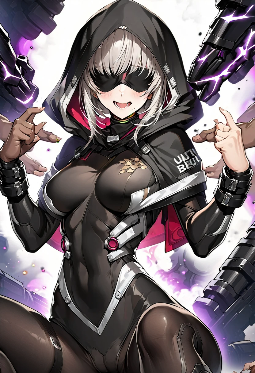 (((hands_up, double piece_sign, double_v:1.1, two up fingers))), hood, jacket, body suit, black clothes, black wear, (((black tights))), weapon, cowboy shot, (((blindfold))), beautiful face, masterpiece, super fine illustration, ultra high res, masterwork, best quality, cg unity 8k wallpaper, official art, ultra detailed, squatting, full face blush, smile broadly, evil smile, fucked silly, vulgarity, rape face, open legs, groin, spread legs, head to toe, super detailed skin, open mouth, stick out tongue, long tongue, tongue out, tongue, gleaming skin, oil skin, shiny skin, breasts, shoes, groin focus, happy, (((perfect hands, perfect fingers))), five fingers, bangs, (((perfect anatomy hands, beautiful hands, beautiful fingers, fingertip))), clothed,