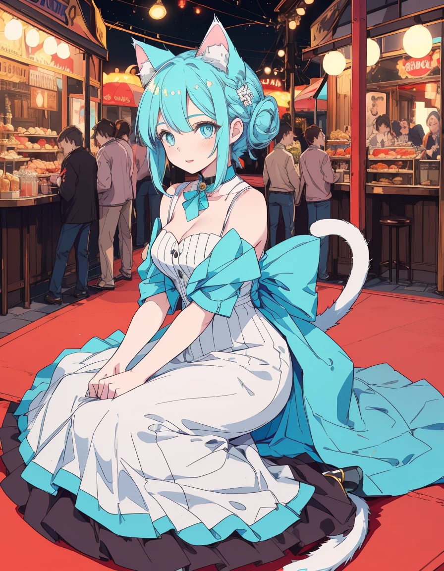 amusement park, happy, full body, dress, ((masterpiece, best quality:1.5)), ((Beautiful detailed cat aqua eyes:1.2)), cat ears, pale skin, medium breasts, beautiful hands, beautiful fingers, EasyNegative