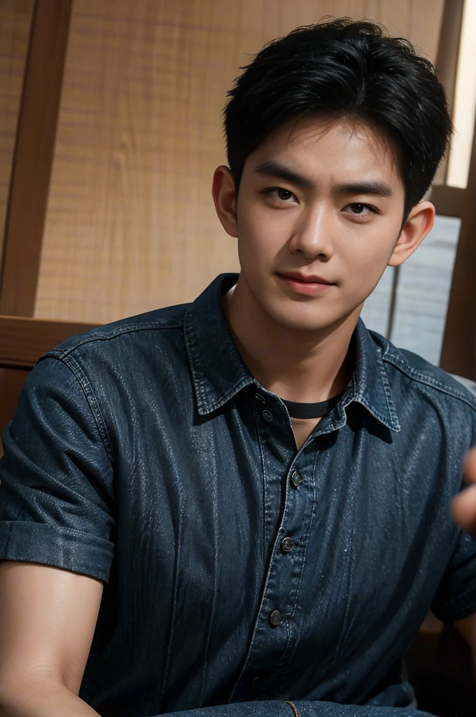 ((realistic daylight)) , Young Korean man in black sports shirt only, no pattern, denim shirt, jeans., A handsome, muscular young Asian man looks at the camera.  , in the restaurant ,turn sideways((realistic daylight)) , Young Korean man in black sports shirt only, no pattern, denim shirt, jeans., A handsome, muscular young Asian man looks at the camera.  , in the restaurant ,turn sideways, smile