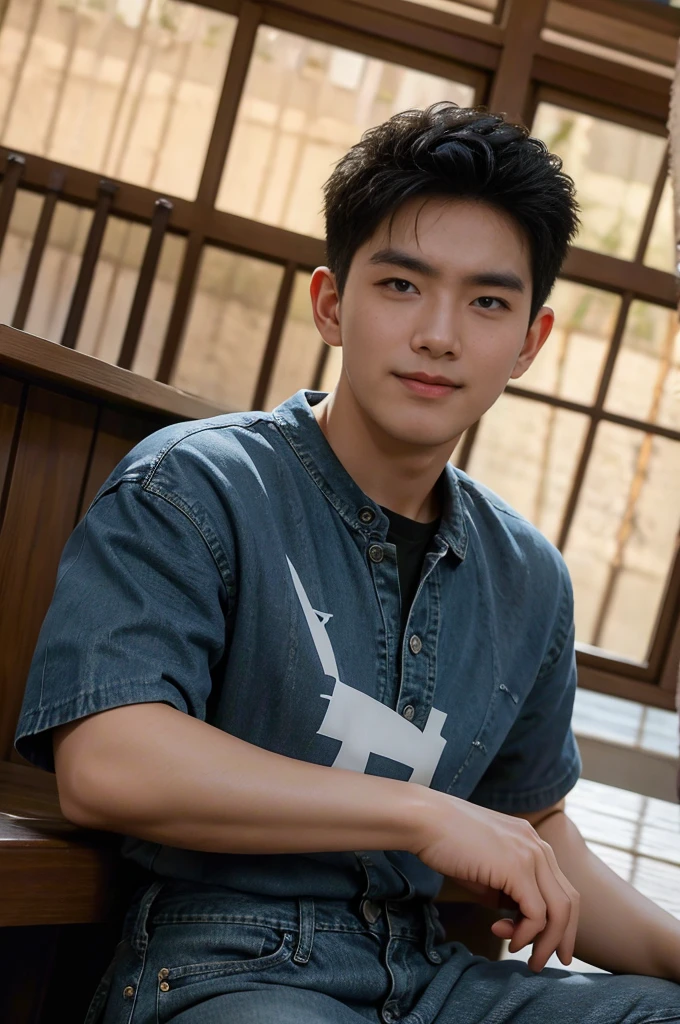 ((realistic daylight)) , Young Korean man in black sports shirt only, no pattern, denim shirt, jeans., A handsome, muscular young Asian man looks at the camera.  , in the restaurant ,turn sideways((realistic daylight)) , Young Korean man in black sports shirt only, no pattern, denim shirt, jeans., A handsome, muscular young Asian man looks at the camera.  , in the restaurant ,turn sideways, smile