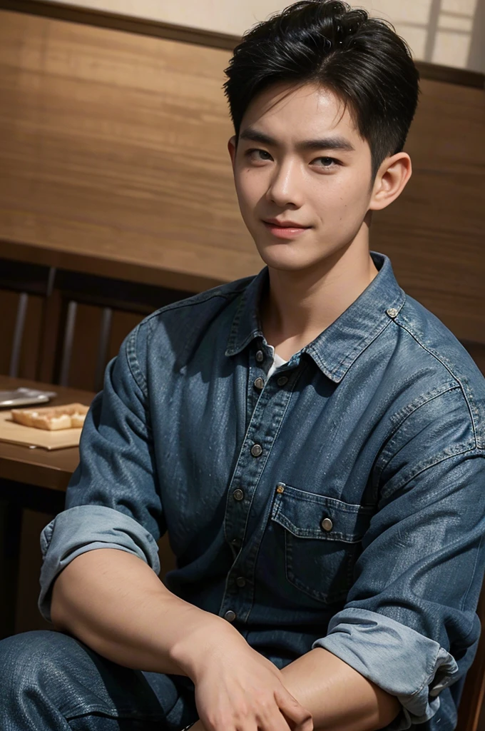 ((realistic daylight)) , Young Korean man in black sports shirt only, no pattern, denim shirt, jeans., A handsome, muscular young Asian man looks at the camera. , in the restaurant ,turn sideways((realistic daylight)) , Young Korean man in black sports shirt only, no pattern, denim shirt, jeans., A handsome, muscular young Asian man looks at the camera. , in the restaurant ,turn sideways, smile