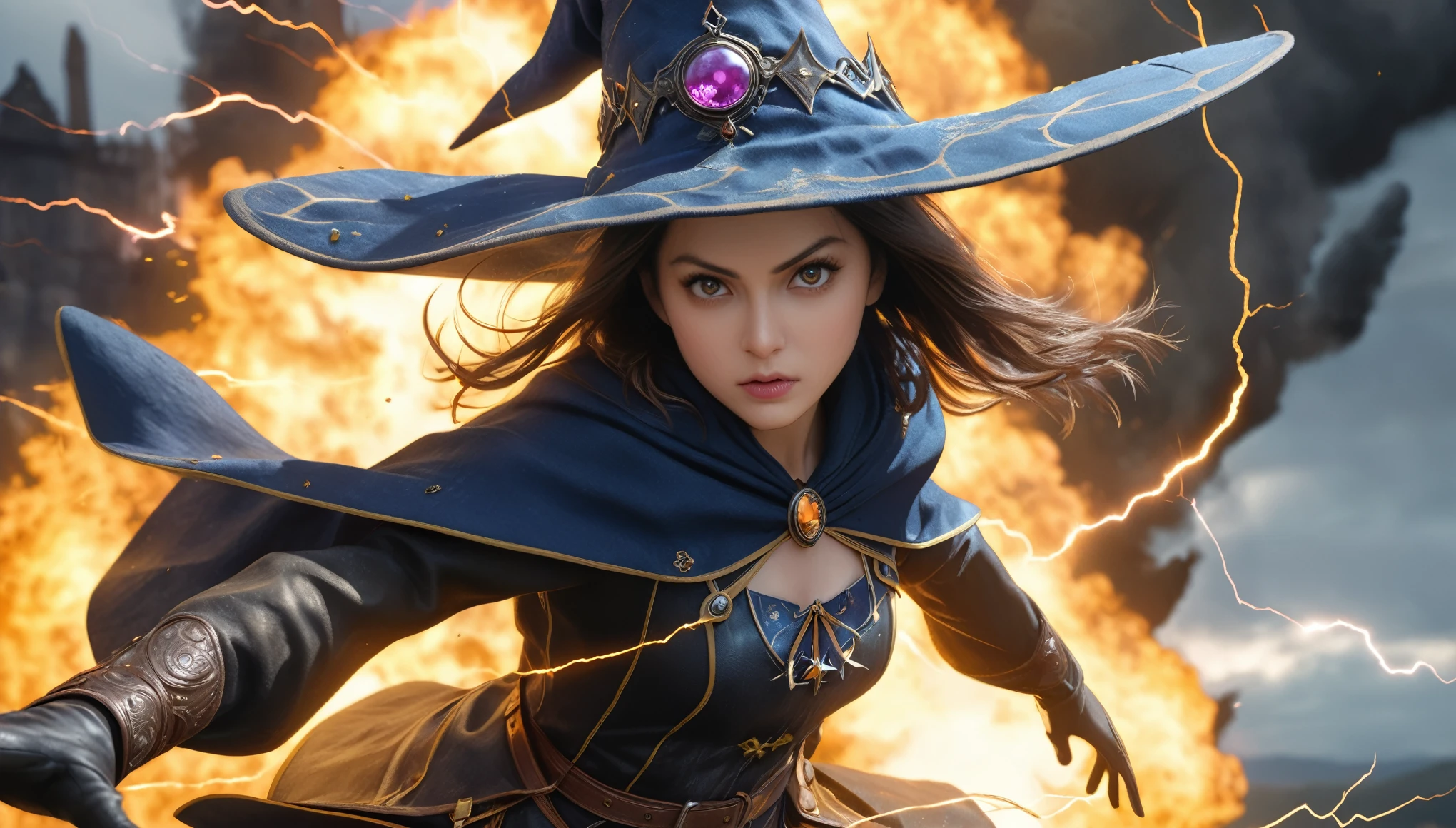 Realistic photos, RAW Photos, great witch, attacks viewer, Powerful movements, jump on prey, ((Dynamic jump)), 
great witch approaching from above, sudden approach, Bad-tempered, dynamic Shot from grand, lightning magic,High resolution, masterpiece, Highest quality, Intricate details, Very detailed, Clear focus,texture, Delicate eyes, Professional, 4K,Shallow and deep, Kodak Vision Color, Exactly, Very detailed, photograph_\(Extremist\), photographpractical, practical, Post-processing, Maximum details, Roughness, Real Life, Extremist practical, Photorealism, photographgraphy, 8K Ultra HD, photographgraphy
