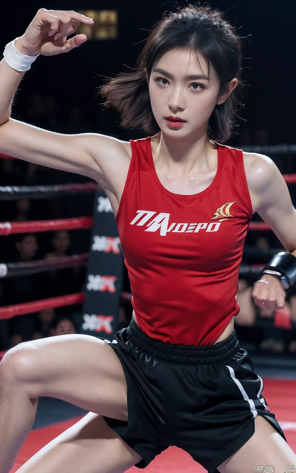 (masterpiece), best quality, Expressive eyes, Perfect face, Thai MMA Girls, killer, Tanning, (masterpiece), best quality, Expressive eyes, Perfect face, 1 Girl, Pretty Face, beauty of beauty, (Smooth skin, Dynamic Bob Hairstyle), black eyes, Eyebrow, Looking at the audience, Red Polyester Bodysuit, Sick expression, Bloodthirsty expression, Standing frustrated, Black Hair, (Swaggering chest, Slim,), whole body, Bandaged Leg Costume, muscle, clavicle, Slim腰身, Slim athletic figure, Studio Lighting, Muay Thai头带, Bandage MMA Gloves, Sweating, Underworld Fighting Room, Thai face, Knee pads, Muay Thai, Perfect anatomical structure, 包扎的foot, foot, MMA Shorts, Solitary, , Sperm inside, Wet shorts, ID card, Her name, Thai