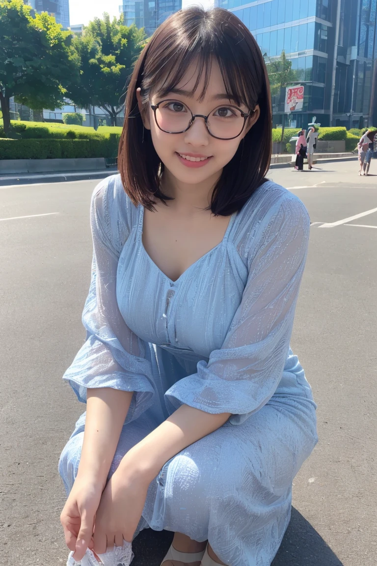 ((High-resolution images, Realistic eye size, Realistic Skin, Droopy eyes, smile, (Mr.々A feminine casual long dress with a simple pattern), (Crouching, Self-pleasure, Very detailed), Strong sunlight, Old Fashion, skyscraper, bag, Glasses,