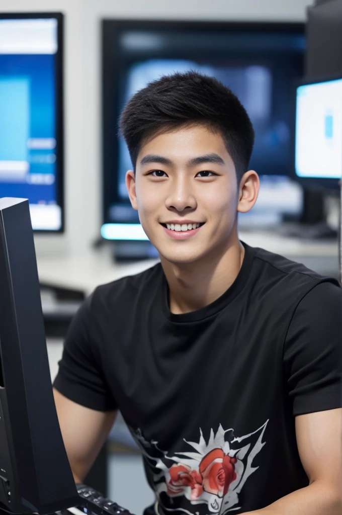 ((realistic daylight)) , Young Korean man in only a black sports shirt, no stripes, and jeans., A handsome, muscular young Asian man looks at the camera.  , In a computer shop ,turn sideways, smile