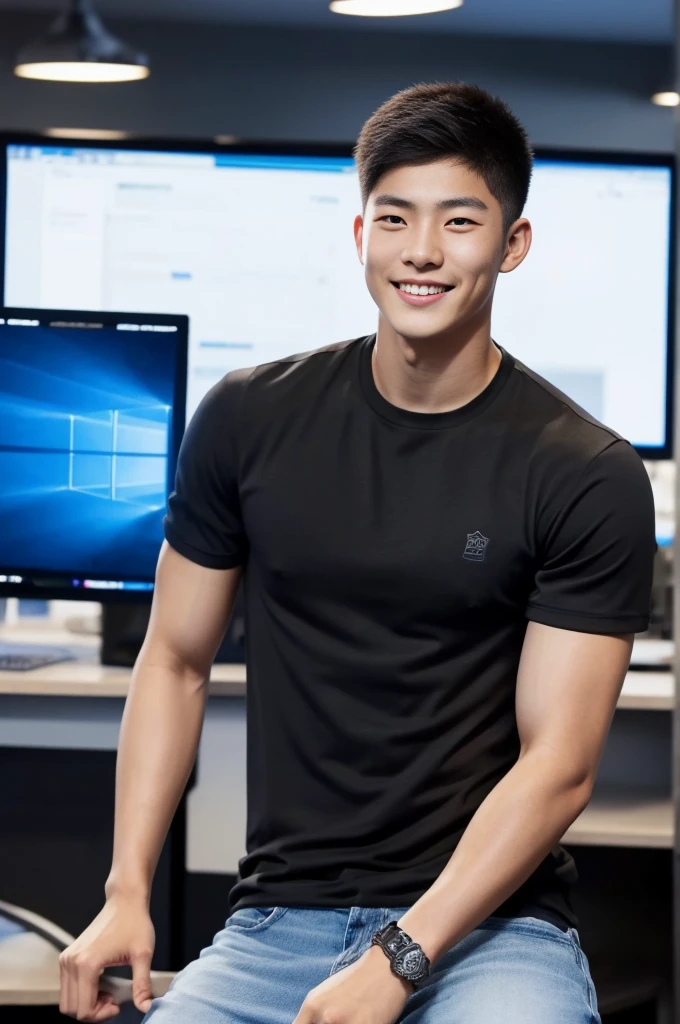 manhandsome สมจริง ธรรมชาติ เหมือนจริง , T-shirt, jeans, black short hair , outdoor , cute smile , หน้าhandsomeแบบเกาหลีสมจริง , muscle , Masterpiece、High resolution、Surreal、detailed face、alone、man、Glowing skin、(Asia)、handsome、(Sitting in the computer room:1.5)