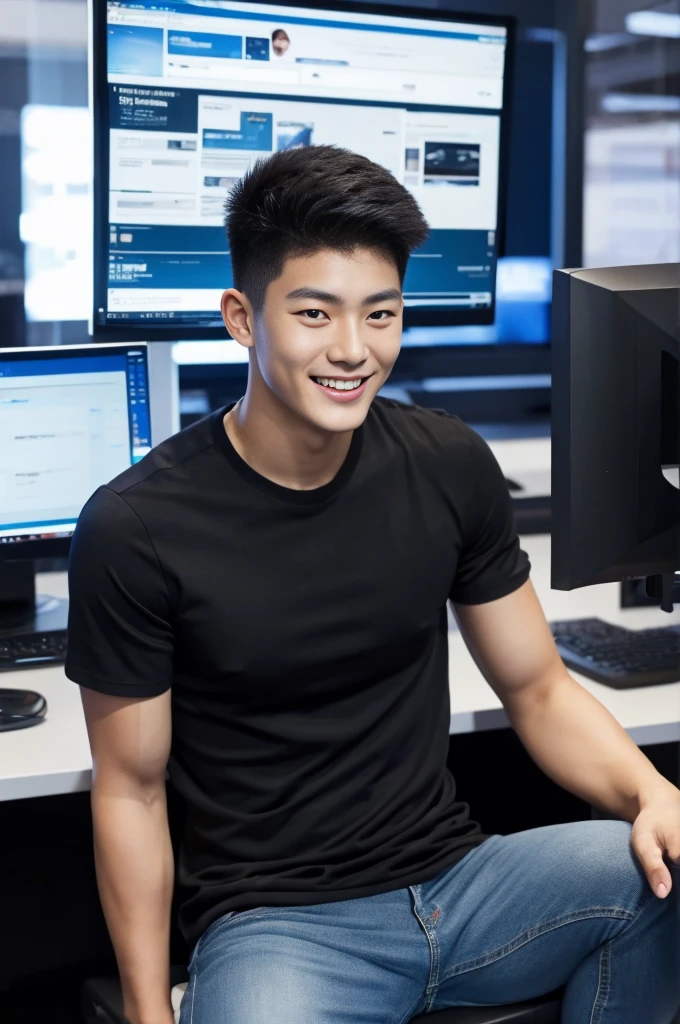 ((realistic daylight)) , Young Korean man in only a black sports shirt, no stripes, and jeans., A handsome, muscular young Asian man looks at the camera. , In a computer shop ,turn sideways, smile
