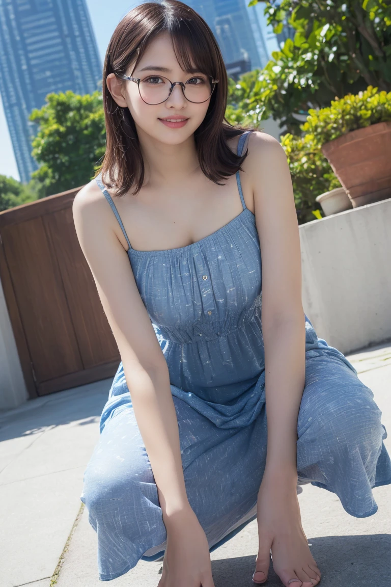 ((High-resolution images, Realistic eye size, Realistic Skin, Droopy eyes, smile, (Mr.々A feminine casual long dress with a simple pattern), (Crouching, Self-pleasure, Very detailed), Strong sunlight, Old Fashion, skyscraper, bag, Glasses,