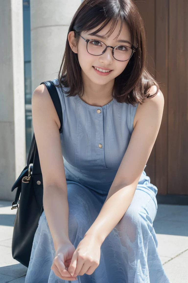 ((High-resolution images, Realistic eye size, Realistic Skin, Droopy eyes, smile, (Mr.々A feminine casual long dress with a simple pattern), (Crouching, Self-pleasure, Very detailed), Strong sunlight, Old Fashion, skyscraper, bag, Glasses,