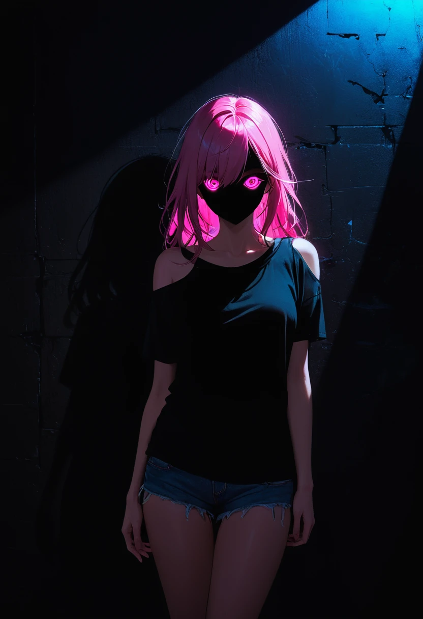 (Portrait of a mysterious giant eye), indoor, Fluorescent illumination, (Darkness shrouded, Wall background, black background, shadow, extreme darkness:2.0), Minimalist graffiti style background, Fluorescent pink eye graffiti, Dark atmosphere, 1girl, Oversized black T-shirt, midlle breasts, Waistless T-shirt, underboob, blurred background, Blurred foreground, neon Pink glowing hair, neon pink glowing eyes, Bare shoulder, presenting armpit, Kneel on the ground, Unbelievably long hair, Messy hair, Low rise denim shorts, Over-the-knee boots, pink eye shadow, Eye of destruction, Poker face, silhouette, cowboy shot, Surrealism, perspective, cowboy shot, pov, UHD, anatomically correct, super detail, best quality, 16k, masterpiece