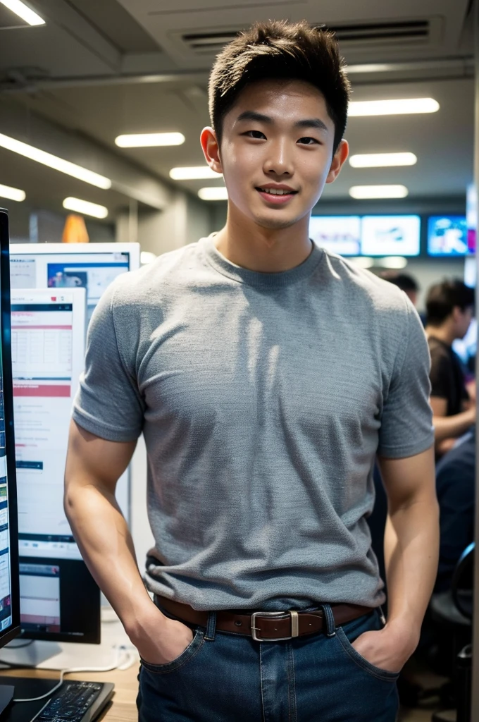 ((realistic daylight)) , Young Korean man in only a black sports shirt, no stripes, and jeans., A handsome, muscular young Asian man looks at the camera. , In a computer shop ,turn sideways, smile