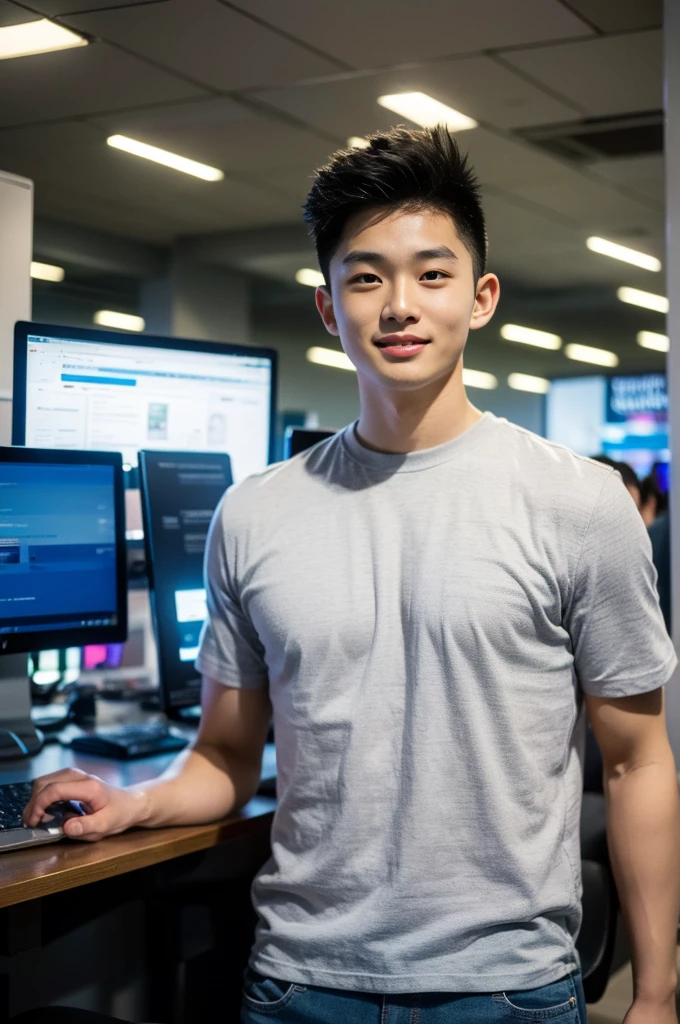 ((realistic daylight)) , Young Korean man in only a black sports shirt, no stripes, and jeans., A handsome, muscular young Asian man looks at the camera. , In a computer shop ,turn sideways, smile