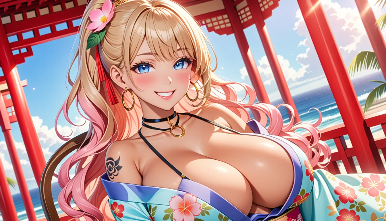 ultra-detailed, ((one girl)), (portrait), (tan skin:1.5), in pastel colors gyaru, (heavy makeup), (professional lighting) hyper detailed, absurdres, 8k, Beautiful Face, (Laugh shyly), ((teasing smile:1.6)), ((happy smile:1.5)),  ((Wink:1.5)), (Laugh with your mouth wide open),((Tilt your face:1.6)), View your viewers, ((Bright red cheeks:1.6)),Glossy shocking pink lips, ((huge breasts:1.6)),  (undressing), ((Her tattoo peeked through her kimono:1.2)), noon, summer, Luxury resort with ocean view, ((Anime style background)),masterpiece, Highest quality, (Brighten your face), so beautiful,Latest, Complex details, ((fluorescent pink long nail:1.2)), (ring),(bracelet), (Floral Choker),AI-generated, Complex,High resolution, Highest quality, super high quality,3D Images、3D Images,One person, (blond long hair), (High Ponytail), (wavy hair:1.4), Anime woman posing for a photo, ((Fine grain、blue eyes、glowing eyes:1.4)), (Squint your eyes:1.1),a hyperRealistic , hyperRealistic , Realistic,Anime woman with long honey blonde hair, Smooth anime CG art, A girl in a gorgeous pastel-colored kimono, ((Pastel-colored furisode)),(Pink large floral pattern),  (sideboob), Long flower hair ornament,large gold hoop earrings, Mature Body, tall,Narrow waist, Sit on a chair, front view,((dutch angle)), (upper body), 