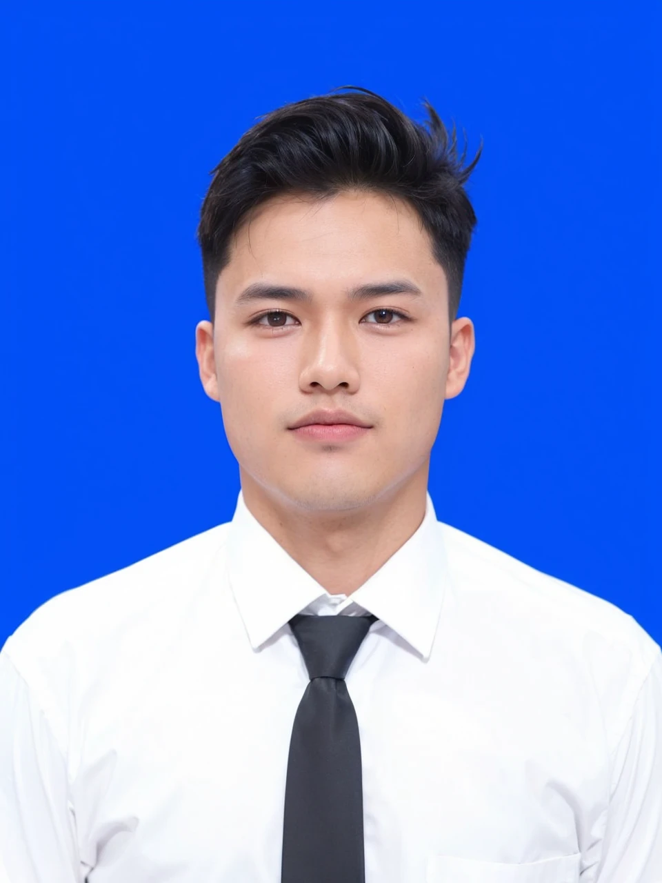 A handsome Asian boy with black hair in a wolfcut is holding a black cat