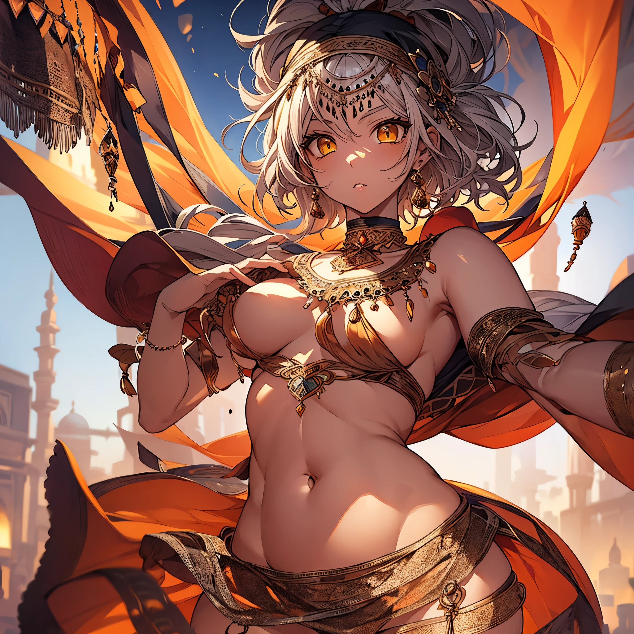 masterpiece, Highest quality, Perfect Face, Highest Resolution, Highest quality,Detailed depiction of the eyes, 1 girl, young, dark tan skin, slate gray hair, short hair, upturned eyes, Yellow Orange eyes, curvy body, Perfect Anatomy, Arabian, ribbon choker, Belly dance, arabian town, dancing, Perfect Anatomy,