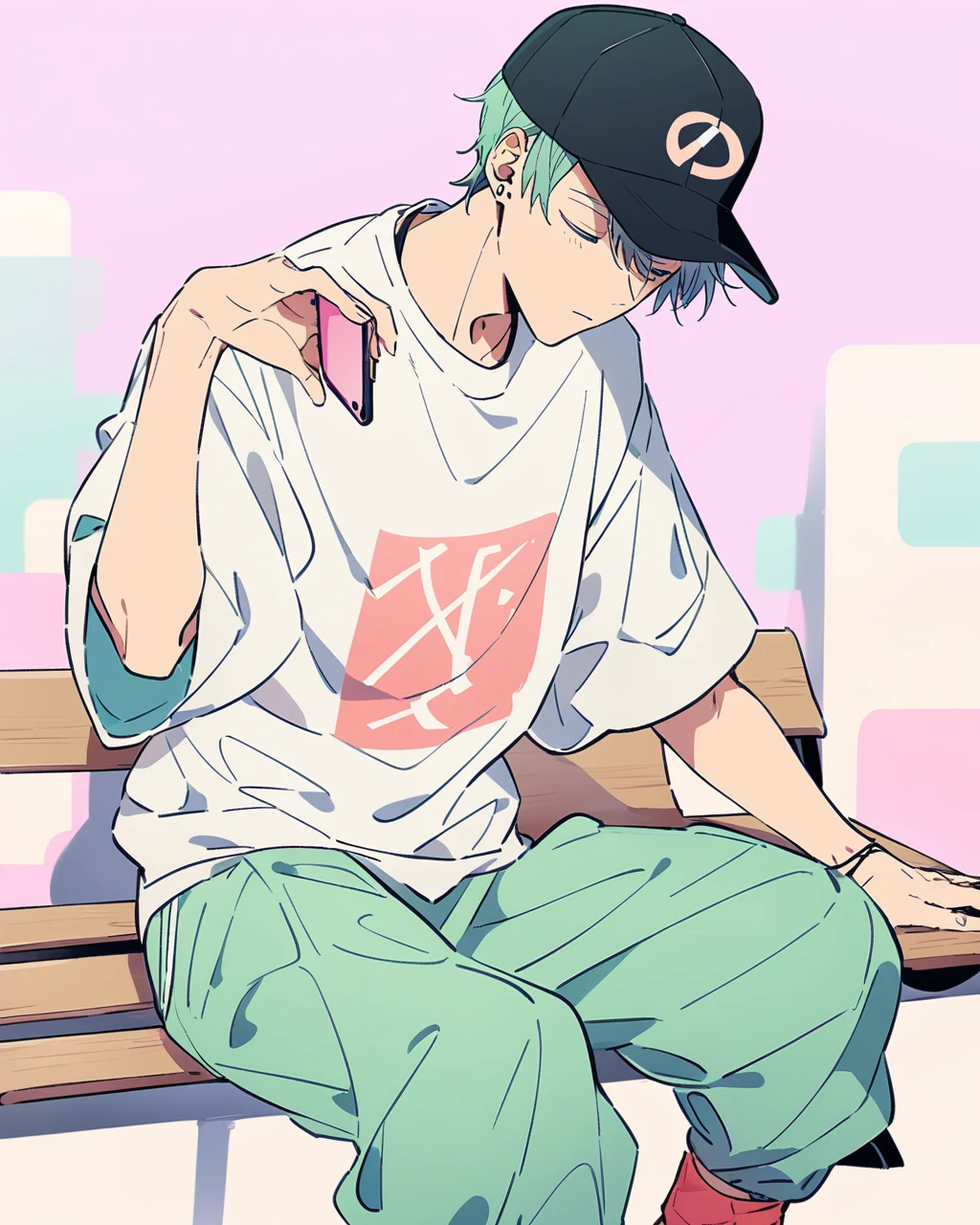 Create a detailed anime illustration of a young boy with short hair in a casual streetwear outfit. He should be wearing a baseball cap, baggy pants, and a graphic t-shirt. He is seated on a bench, holding a mobile phone, with a serene expression. Use a two-tone pastel background to highlight the modern and minimalist setting.