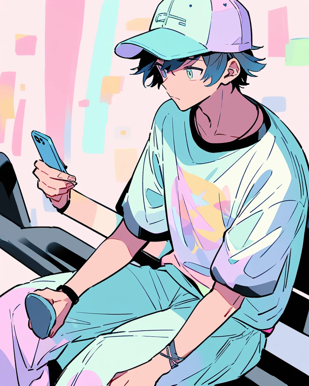 Create a detailed anime illustration of a boy with short hair in a casual streetwear outfit. He should be wearing a baseball cap, baggy pants, and a graphic t-shirt. He is seated on a bench, holding a mobile phone, with a serene expression. Use a two-tone pastel background to highlight the modern and minimalist setting.