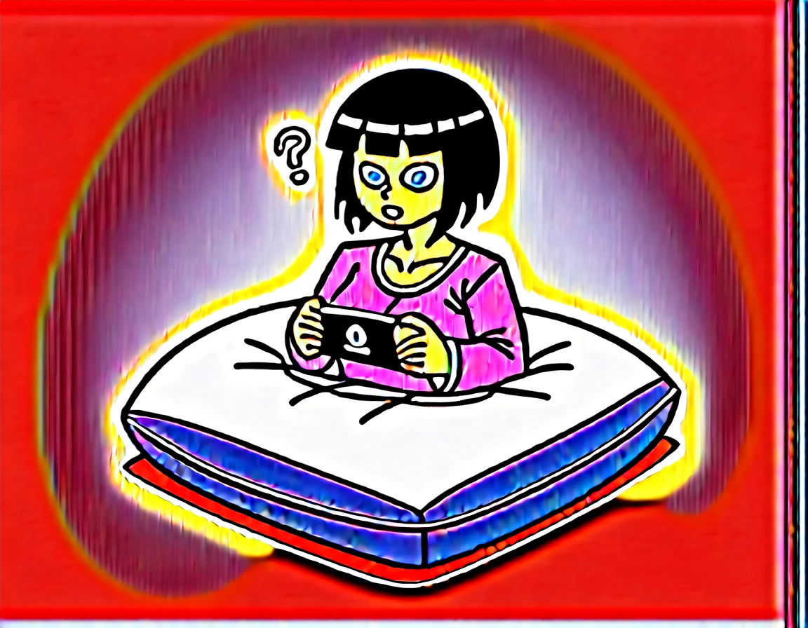 punctuation_9, punctuation_8_High above, punctuation_7_High above, punctuation_6_High above, punctuation_5_High above, punctuation_4_High above, break 1girl, Bblack hair, darkskin, thick lips, long eyelashes, Severe expression, standing, blunt bangs, grown-up, break solo, breasts big, grown-up, skinny, arched back, tight slit, wearing clothes(dressed as a black cat), break (room background1.2), simple background, innocent, kind, adorable, (dressed as a black cat)with a big chest, sitting on the cushion (blue in color), white scenario, with Nintendo switch in hand, fluffy chest, in pajamas(dressed as a black cat), anime cel shaded, Covered breasts and SFW, wearing pajamas(sitting on the cushion (blue in color), with a Nintendo Switch in hand), Kantai Collection Style, anime moe art style, white_mitts, seductive anime girl((dressed as a black cat)), brincando with a Nintendo Switch in hand, playing on it(purple spiral eye)White background,Sitting on a cushion(large pillow is a black stuffed cat).
