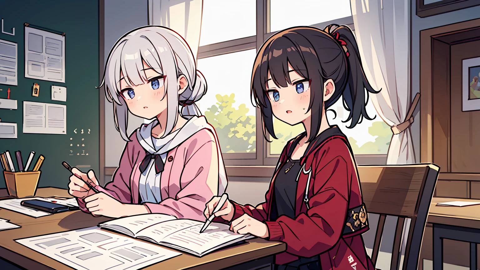 (masterpiece, best quality),Women with different faces and hairstyles, different hair colors, different faces, ponytail, letterboxed, perfection of fashion,chapped lips, casual attire, upper body, from the side,University Classroom, The interior has a modern design,study at the table, eyes look at the note, together, stylish outfit,
