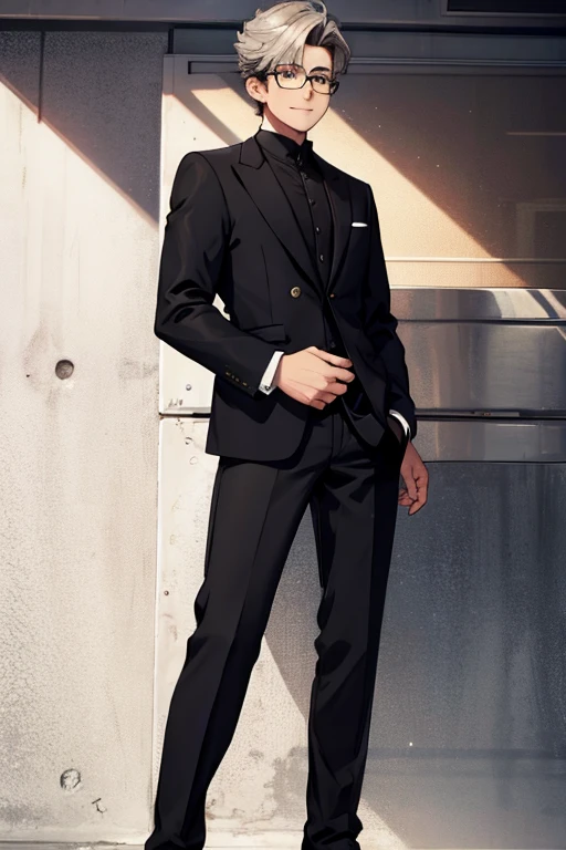 male, black short hair with silver highlights, yellow eyes, (((1boy))), (((black blazer))), (white dress shirt), (black pants), (black dress shoes), (glasses), handsome, long legs, smiling, young