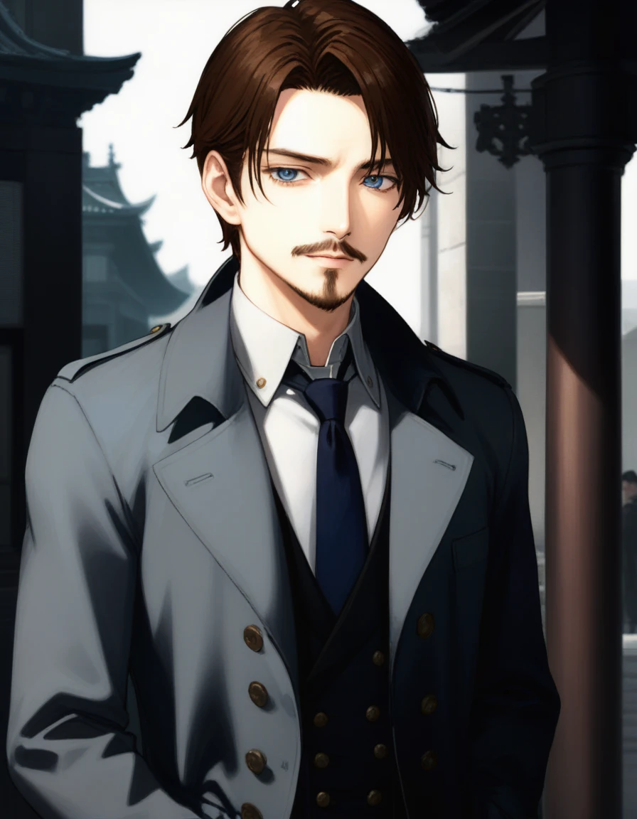 1man, mature male, parted bangs, medium-short hair, brown hair, muscular male celeb, short goatee, short mustache, indigo eyes, gentleman, elegant netori male, BREAK solo, white collared shirt, gray trench coat, black neck ribbon, in gentle sasaki style, visual novel, 2010s, extreme all detailed, masterpiece, best quality