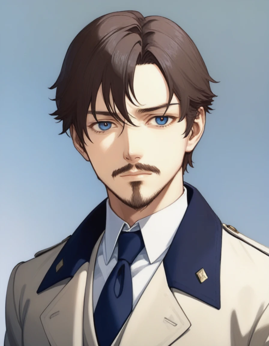 1man, mature male, parted bangs, medium-short hair, brown hair, muscular male celeb, short goatee, short mustache, indigo eyes, gentleman, elegant netori male, BREAK solo, white collared shirt, gray trench coat, black neck ribbon, in gentle sasaki style, visual novel, 2010s, extreme all detailed, masterpiece, best quality