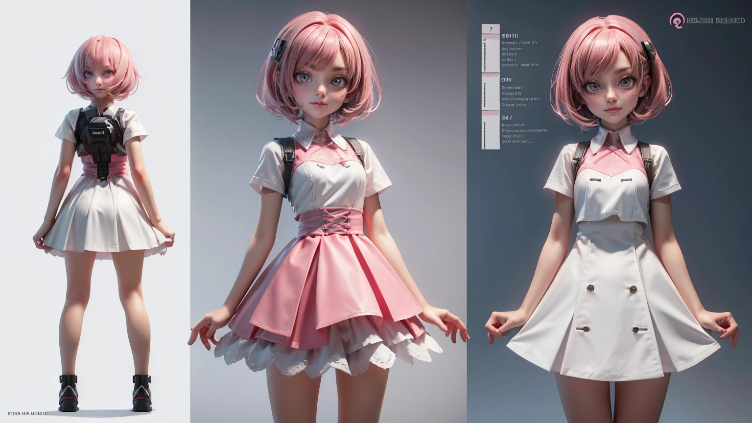 cute girl in a short gaming dress , short hairs , pink hairs, white dress, gaming , smiling face, short dress full straight standing pose, 14yo student, Character Sheet, Full body, modern girl, games girl, Simple white background, character reference sheet, Concept art, design sheet, HD, full body, standing, modern futuristic dress,