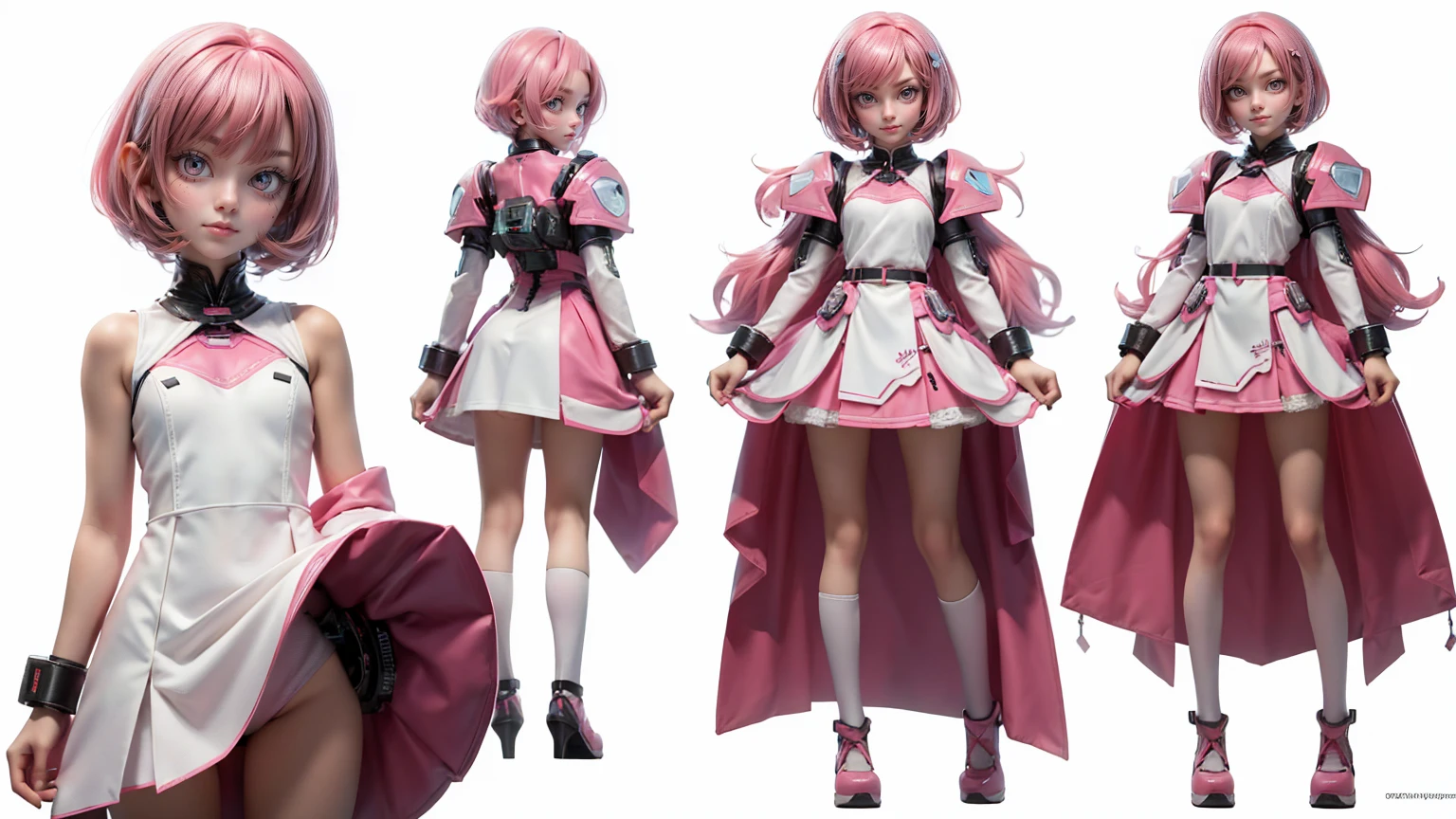 cute girl in a short gaming dress , short hairs , pink hairs, white dress, gaming , smiling face, short dress full straight standing pose, student, Character Sheet, Full body, modern girl, games girl, Simple white background, character reference sheet, Concept art, design sheet, HD, full body, standing, modern futuristic dress,