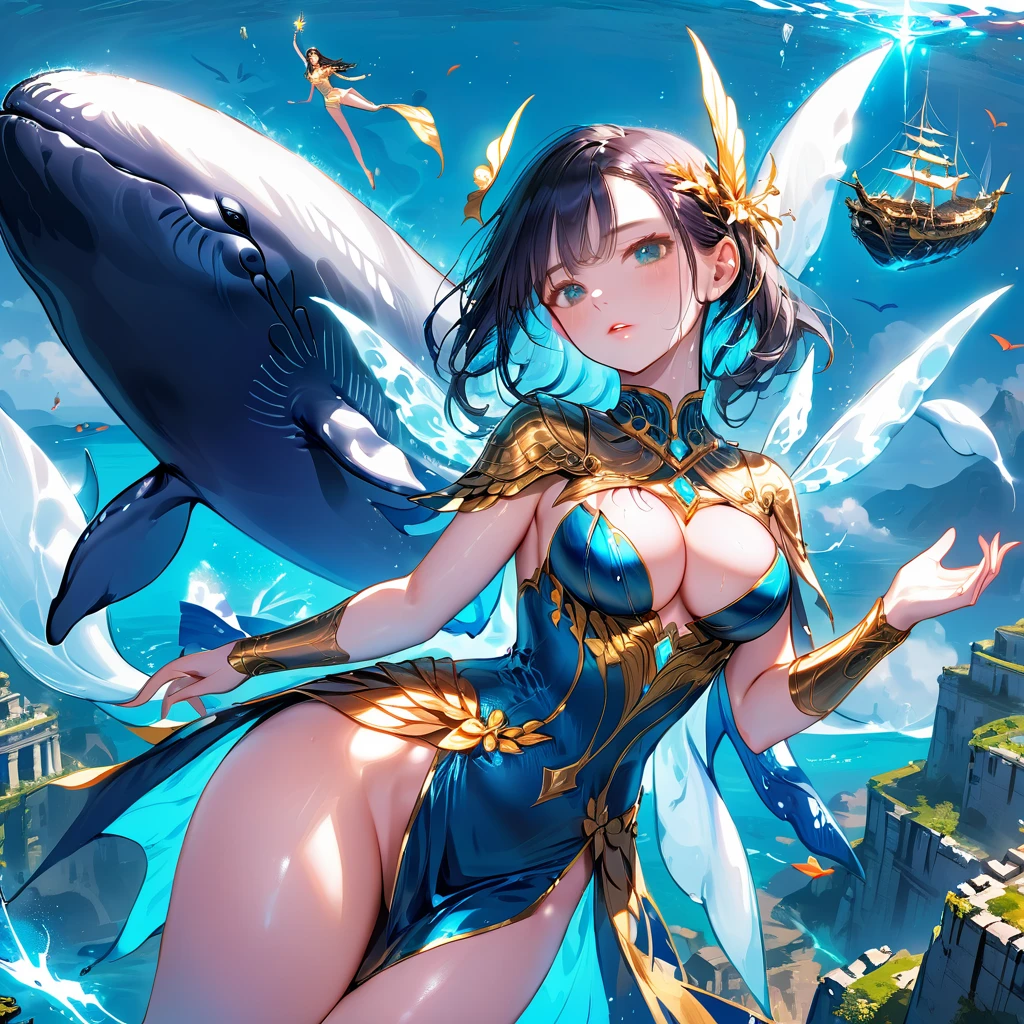 Fantastic Island,Ruins of an ancient civilization,Flying Ship,Flying Whale,flying fairy,(Highest quality,Extremely detailed depiction,Incredibly absurd high resolution,Anatomically accurate depiction,Nice hands, Perfect Fingers,Curvy Legs),(Glowing Skin,Shiny skin),A fantastic goddess in a gorgeous costume,There is cleavage in the chest,Glossy Lips,Sweat,Young beautiful woman,background:Mysterious sight,Fantasy