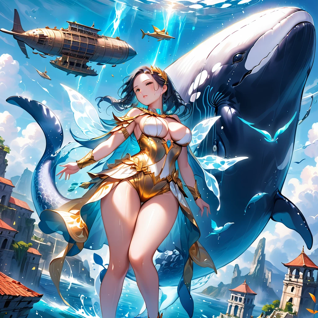 Fantastic Island,Ruins of an ancient civilization,Flying Ship,Flying Whale,flying fairy,(Highest quality,Extremely detailed depiction,Incredibly absurd high resolution,Anatomically accurate depiction,Nice hands, Perfect Fingers,Curvy Legs),(Glowing Skin,Shiny skin),A fantastic goddess in a gorgeous costume,There is cleavage in the chest,Glossy Lips,Sweat,Young beautiful woman,background:Mysterious sight,Fantasy