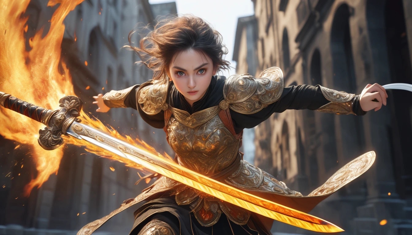 Realistic photos, RAW Photos, sword saint, attacks viewer, Powerful movements, jump on prey, ((Dynamic jump)),, sword saint approaching from above, sudden approach, Bad-tempered, dynamic Shot from grand, flame magic,High resolution, masterpiece, Highest quality, Intricate details, Very detailed, Clear focus,texture, Delicate eyes, Professional, 4K,Shallow and deep, Kodak Vision Color, Exactly, Very detailed, photograph_\(Extremist\), photographpractical, practical, Post-processing, Maximum details, Roughness, Real Life, Extremist practical, Photorealism, photographgraphy, 8K Ultra HD, photographgraphy
