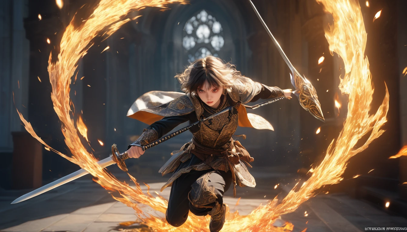 Realistic photos, RAW Photos, sword saint, attacks viewer, Powerful movements, jump on prey, ((Dynamic jump)),, sword saint approaching from above, sudden approach, Bad-tempered, dynamic Shot from grand, flame magic,High resolution, masterpiece, Highest quality, Intricate details, Very detailed, Clear focus,texture, Delicate eyes, Professional, 4K,Shallow and deep, Kodak Vision Color, Exactly, Very detailed, photograph_\(Extremist\), photographpractical, practical, Post-processing, Maximum details, Roughness, Real Life, Extremist practical, Photorealism, photographgraphy, 8K Ultra HD, photographgraphy