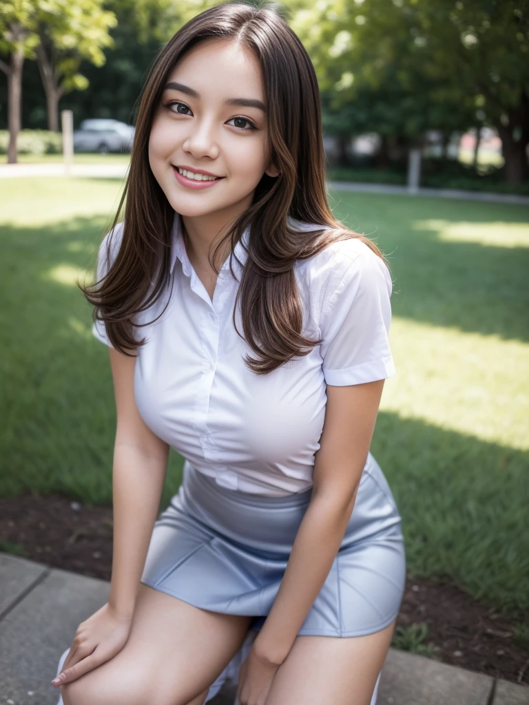 1girl, solo, (uniform), standing, outdoors, detailed face, seductive smile, detailed eyes, thick breasts, smooth skin, tight white shirt, grey blue short skirt, looking at the audience, low angle shot,(8k, RAW photo, best quality, masterpiece: 1.2), (realistic, realistic: 1.37), ultra-high resolution