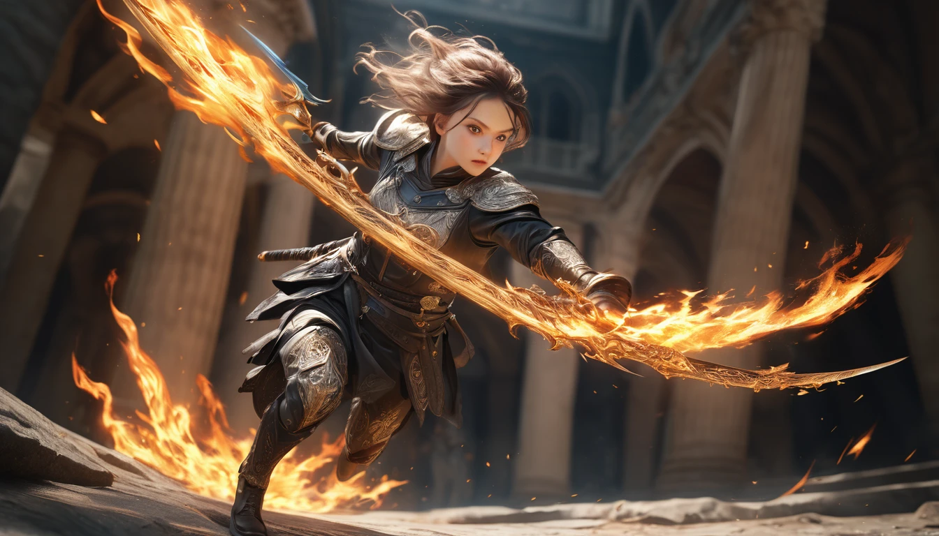 Realistic photos, RAW Photos, sword saint, attacks viewer, Powerful movements, jump on prey, ((Dynamic jump)),, sword saint approaching from above, sudden approach, Bad-tempered, dynamic Shot from grand, flame magic,High resolution, masterpiece, Highest quality, Intricate details, Very detailed, Clear focus,texture, Delicate eyes, Professional, 4K,Shallow and deep, Kodak Vision Color, Exactly, Very detailed, photograph_\(Extremist\), photographpractical, practical, Post-processing, Maximum details, Roughness, Real Life, Extremist practical, Photorealism, photographgraphy, 8K Ultra HD, photographgraphy
