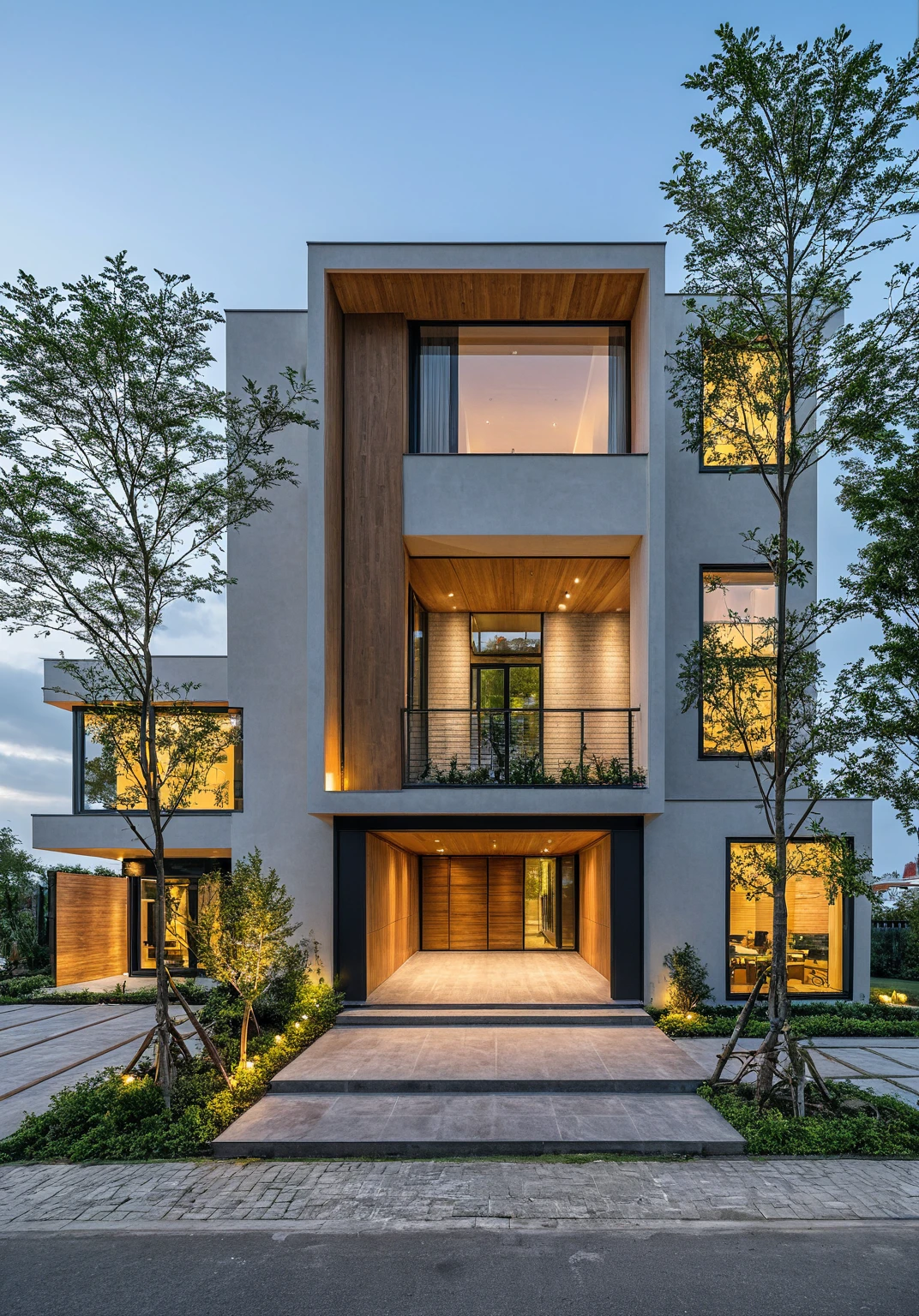 Masterpiece, high quality, best quality, authentic, super detail, outdoors, aiaigroup, house style modern on the street ,mix materials,wood, stairs ,road,pavement, grass, trees, sky, (nightlight:1.1)
