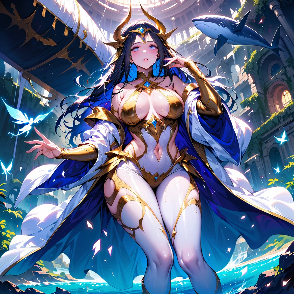 Fantastic Island,Ruins of an ancient civilization,Flying Ship,Flying Whale,flying fairy,(Highest quality,Extremely detailed depiction,Incredibly absurd high resolution,Anatomically accurate depiction,Nice hands, Perfect Fingers,Curvy Legs),(Glowing Skin,Shiny skin),A fantastic goddess in a gorgeous costume,There is cleavage in the chest,Glossy Lips,Sweat,Young beautiful woman,background:Mysterious sight,Fantasy