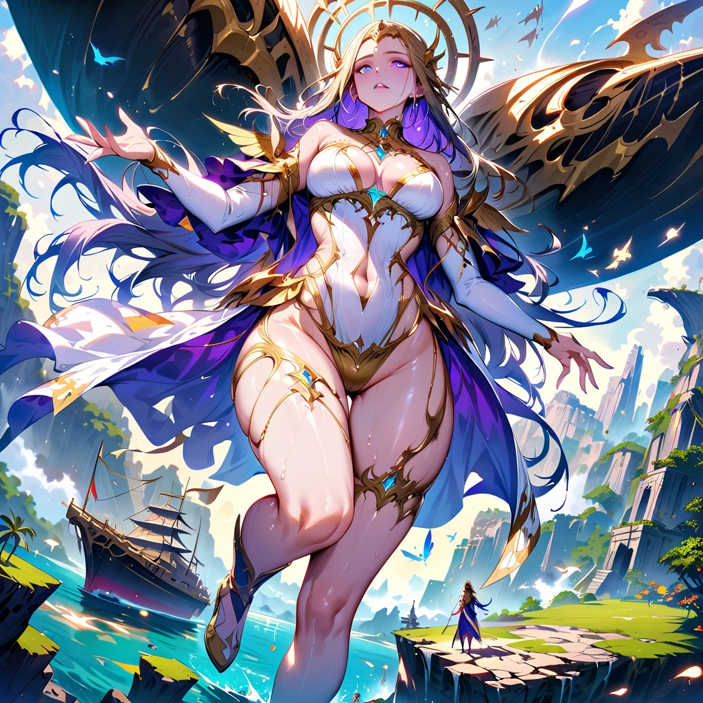 Fantastic Island,Ruins of an ancient civilization,Flying Ship,Flying Whale,flying fairy,(Highest quality,Extremely detailed depiction,Incredibly absurd high resolution,Anatomically accurate depiction,Nice hands, Perfect Fingers,Curvy Legs),(Glowing Skin,Shiny skin),A fantastic goddess in a gorgeous costume,There is cleavage in the chest,Glossy Lips,Sweat,Young beautiful woman,background:Mysterious sight,Fantasy