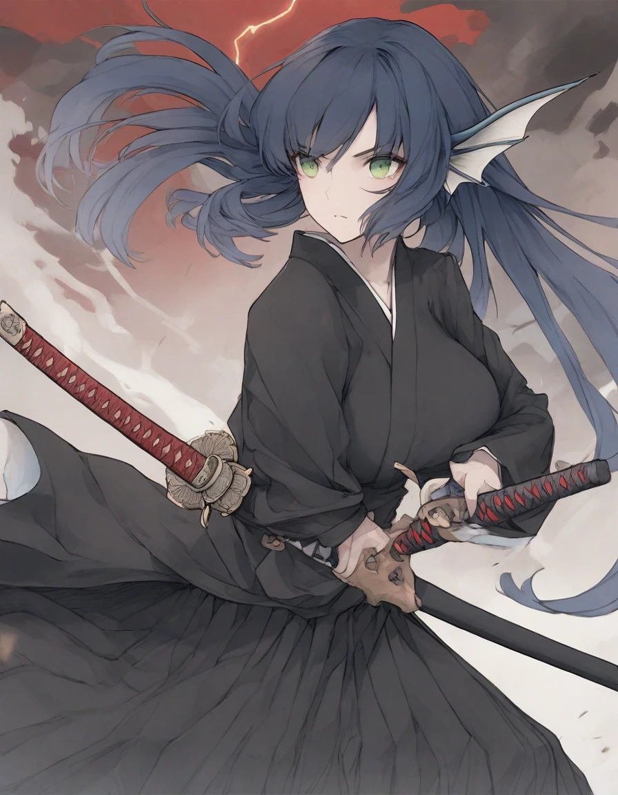 ,(black and white manga style:1.1),snap shot,red katana,fighting stance,(holding  huge katana:1.3),,no pattern kimono,(black kimono:1.5),samurai,,,{{{Huge breasts}}},,,,,,long skirt, brooches,Blue brooch,,(dark Blue hair:1.25),gradient_hair,( Green eyes:1.25),hair_ornament detached ,,Very Long Ponytail, poneyTail,, (head fins:1.25),、stormy、lightning bolt,iaidow,weapon, katana, holding sword, ready to draw, sheathed, unsheathing, scabbard,