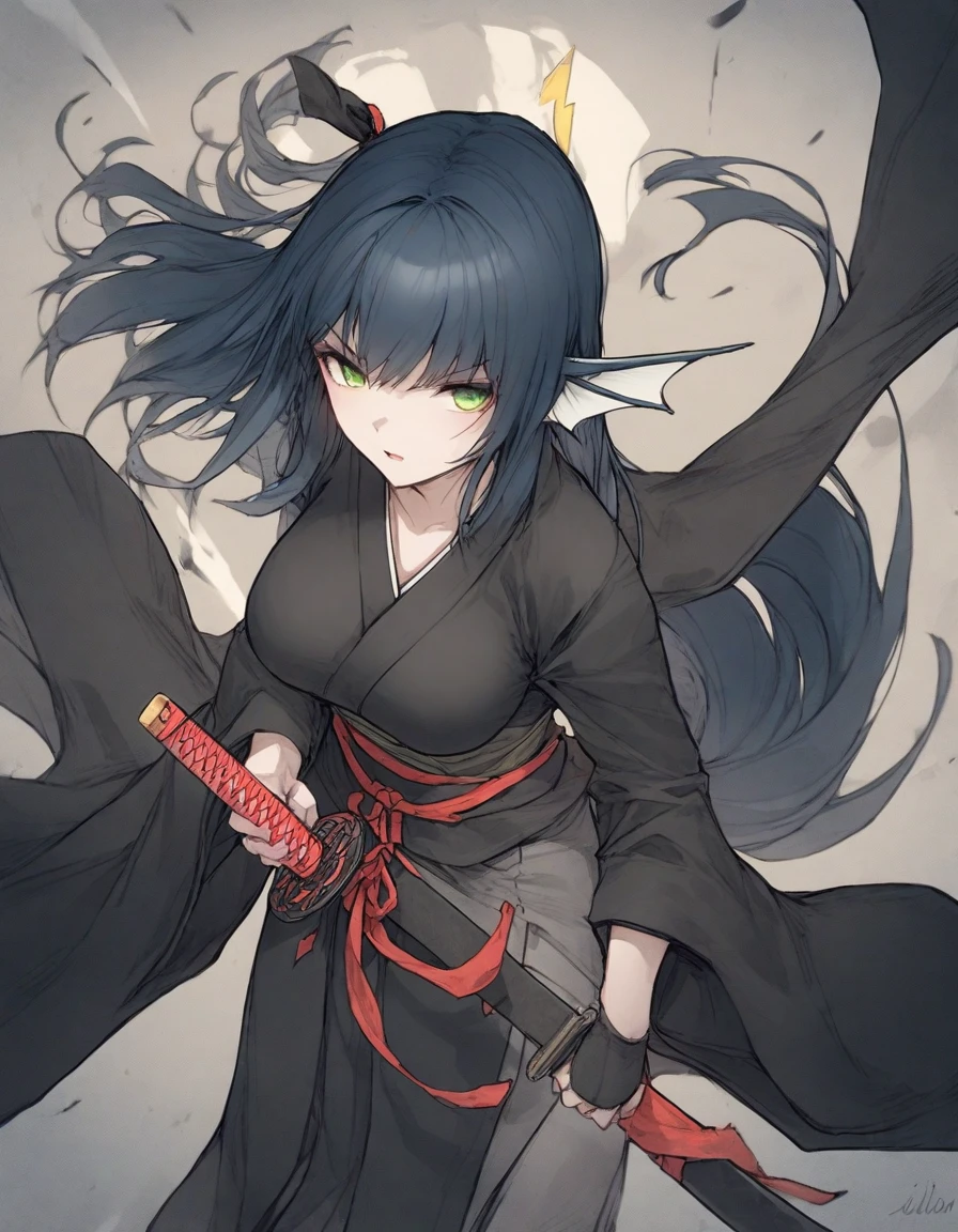 ,(black and white manga style:1.1),snap shot,red katana,fighting stance,(holding  huge katana:1.3),,no pattern kimono,(black kimono:1.5),samurai,,,{{{Huge breasts}}},,,,,,long skirt, brooches,Blue brooch,,(dark Blue hair:1.25),gradient_hair,( Green eyes:1.25),hair_ornament detached ,,Very Long Ponytail, poneyTail,, (head fins:1.25),、stormy、lightning bolt,iaidow,weapon, katana, holding sword, ready to draw, sheathed, unsheathing, scabbard,