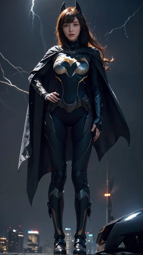 Masterpiece, Best quality, 1girl, futuristic batgirl suit, tight Batgirl suit, batgirl mask, extremely beautiful, fit body, mecha armor, ((cape blown by the wind)), ((full body)), ultra details, short orange hair, from below, symmetrical pose, gotham city at night, on top of building, lightning storm, thighs gap, Cinematic lighting, batman signal in the sky, city lights