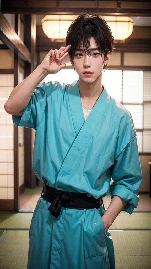 While fully demonstrating his masculinity、、Please generate photos of Japanese male idols in cute poses..。