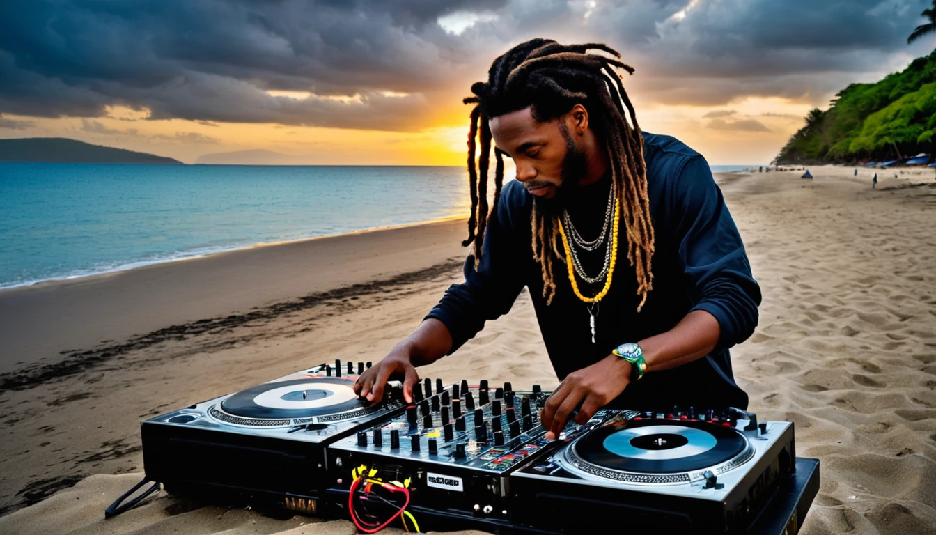 Beautiful young Jamaican dreadlocked DJ mixing synthetic beats on a dark beach、Will o&#39; Wisp drawing ink art leading you astray、Beautifully detailed digital illustrations, Line art, PENeonUV(Peneon UV)