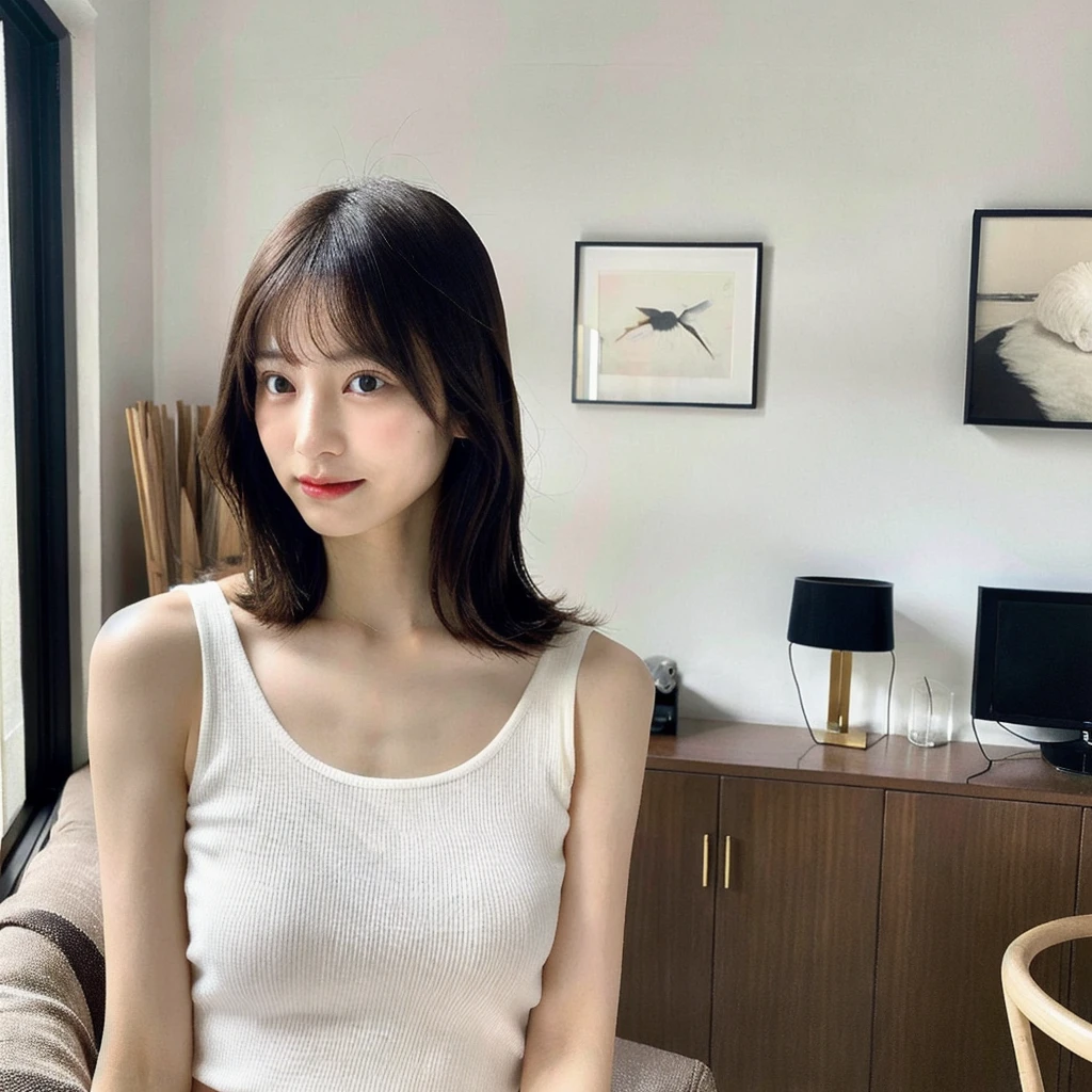 Beautiful Japanese Woman、In the living room of a stylish room、White tank top