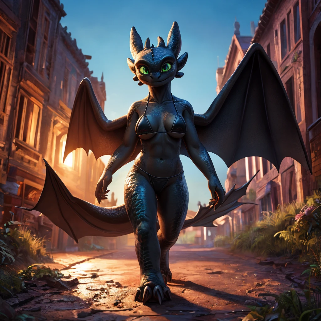 Female, solo, anthro toothless, anthro nightfury, httyd, natural breasts, digitigrade, looking at viewer, detailed full body picture, wearing bikini, walking towards the viewer, detailed eyes, one tail, goo, wings on back, hands seperate from wings, ((large bright glowing green eyes)), toe claws

,looking at viewer, explicit content, highres, super high resolution, beautiful details, beautiful eyes, depth of field, solo focus, detailed background, high quality, good lighting, high res, ((masterpiece)), 8k, depth of field, ray tracing, detailed background, great lighting, detailed lighting, [cinematic lighting], [backlighting], (detailed scales):1.2